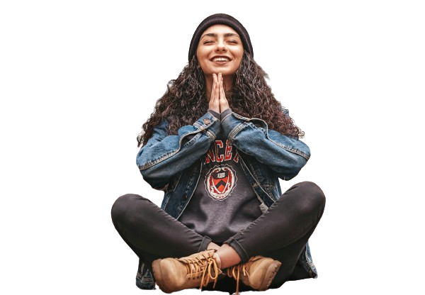 Woman smiling, hands in prayer position